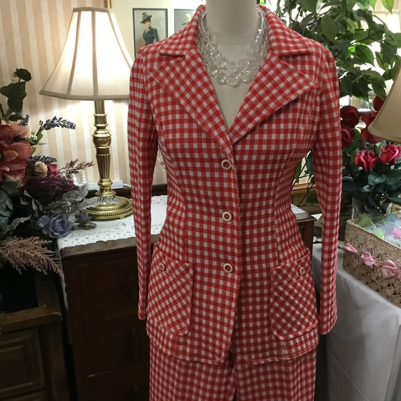 SOLD!! Aunt Nee's Custom 70's Red Gingham Pantsuit - Picture 1 of 8